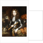 Portrait of a Commander, three-quarter length, in Armour, holding a Baton, his Plumed Helmet on a Rock nearby, a Cavalry Charge beyond, by Caspar Netscher