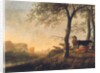Evening river landscape with a cowherd and cows by the edge of a copse, a bridge and ruins beyond by Abraham van Calraet