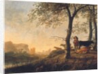 Evening river landscape with a cowherd and cows by the edge of a copse, a bridge and ruins beyond by Abraham van Calraet
