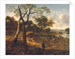 Wooded evening landscape with a hunter and dogs by Adriaen van de & Wynants Jan Velda