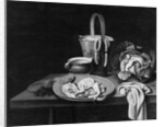 Fish on an earthenware plate, a pail with sausages, a glazed pottery bowl, a cabbage and a cloth on a wooden table by Reinier or Reynier Coveyn or Covyn