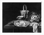 Fish on an earthenware plate, a pail with sausages, a glazed pottery bowl, a cabbage and a cloth on a wooden table by Reinier or Reynier Coveyn or Covyn