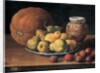 Pears on a plate, a melon, plums and a decorated mansies jar on a wooden ledge by Luis Egidio Menendez or Melendez