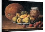 Pears on a plate, a melon, plums and a decorated mansies jar on a wooden ledge by Luis Egidio Menendez or Melendez