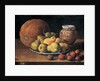 Pears on a plate, a melon, plums and a decorated mansies jar on a wooden ledge by Luis Egidio Menendez or Melendez