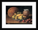 Pears on a plate, a melon, plums and a decorated mansies jar on a wooden ledge by Luis Egidio Menendez or Melendez