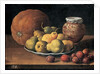 Pears on a plate, a melon, plums and a decorated mansies jar on a wooden ledge by Luis Egidio Menendez or Melendez