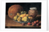 Pears on a plate, a melon, plums and a decorated mansies jar on a wooden ledge by Luis Egidio Menendez or Melendez