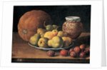 Pears on a plate, a melon, plums and a decorated mansies jar on a wooden ledge by Luis Egidio Menendez or Melendez