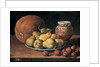 Pears on a plate, a melon, plums and a decorated mansies jar on a wooden ledge by Luis Egidio Menendez or Melendez