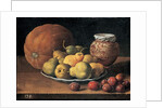 Pears on a plate, a melon, plums and a decorated mansies jar on a wooden ledge by Luis Egidio Menendez or Melendez