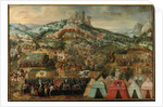 A siege at Therouanne, with an army led by Charles V encamped below the city by Herri met de Bles