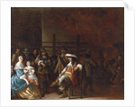 A guardroom interior with a cavalier conversing with a mother and child by Anthonie Palamedesz