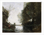 A River with a Square Tower and a Farmer in the foreground, c.1865-70 by Jean Baptiste Camille Corot