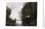 A River with a Square Tower and a Farmer in the foreground, c.1865-70 by Jean Baptiste Camille Corot