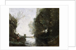 A River with a Square Tower and a Farmer in the foreground, c.1865-70 by Jean Baptiste Camille Corot