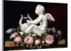 Garland of Pink Roses around Cupid playing a Lyre on a marble ledge, 1841 by Johan Laurents Jensen