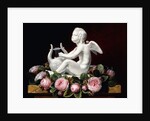Garland of Pink Roses around Cupid playing a Lyre on a marble ledge, 1841 by Johan Laurents Jensen