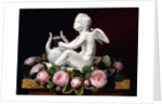 Garland of Pink Roses around Cupid playing a Lyre on a marble ledge, 1841 by Johan Laurents Jensen