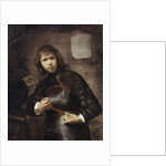 A Soldier, standing three-quarter length, buckling his belt by Willem Drost