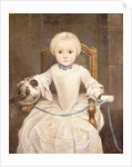 A Young Girl Seated, three-quarter length, wearing an Ivory Dress and Bonnet with a Pigeon by Christian Lindner