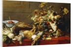 A Basket of Fruit on a Draped Table with Dead Game and a Monkey by Frans Snyders or Snijders