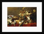 A Basket of Fruit on a Draped Table with Dead Game and a Monkey by Frans Snyders or Snijders