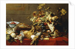 A Basket of Fruit on a Draped Table with Dead Game and a Monkey by Frans Snyders or Snijders