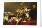 A Basket of Fruit on a Draped Table with Dead Game and a Monkey by Frans Snyders or Snijders