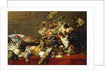 A Basket of Fruit on a Draped Table with Dead Game and a Monkey by Frans Snyders or Snijders