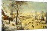 A Village in Winter with a Birdtrap and Skaters on a frozen waterway by P. the Younger Brueghel