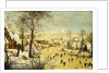 A Village in Winter with a Birdtrap and Skaters on a frozen waterway by P. the Younger Brueghel