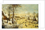 A Village in Winter with a Birdtrap and Skaters on a frozen waterway by P. the Younger Brueghel