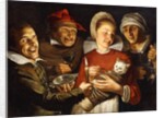 A Dutch Proverb - A women feeding a bound cat, surrounded by men by Haarlem School