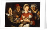 A Dutch Proverb - A women feeding a bound cat, surrounded by men by Haarlem School