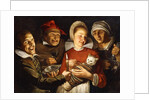 A Dutch Proverb - A women feeding a bound cat, surrounded by men by Haarlem School