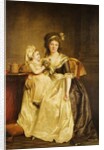 Portrait of a Lady, seated full-length by a table, with her daughter, holding a posey of flowers by Rose Adelaide Ducreux