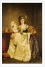 Portrait of a Lady, seated full-length by a table, with her daughter, holding a posey of flowers by Rose Adelaide Ducreux