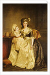 Portrait of a Lady, seated full-length by a table, with her daughter, holding a posey of flowers by Rose Adelaide Ducreux