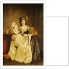 Portrait of a Lady, seated full-length by a table, with her daughter, holding a posey of flowers by Rose Adelaide Ducreux