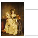 Portrait of a Lady, seated full-length by a table, with her daughter, holding a posey of flowers by Rose Adelaide Ducreux