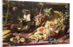 A Spilled Basket of Fruits on a Draped Table with Monkeys by Frans Snyders or Snijders