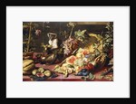 A Spilled Basket of Fruits on a Draped Table with Monkeys by Frans Snyders or Snijders