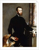 Portrait of a Gentleman, Standing three-quarter length, wearing a black costume and holding a book by Bernardino Campi