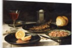 A Herring with Capers and a Sliced Orange on Plates and a Bowl of Shrimp on a Table by Clara Peeters