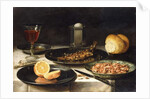 A Herring with Capers and a Sliced Orange on Plates and a Bowl of Shrimp on a Table by Clara Peeters