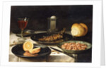 A Herring with Capers and a Sliced Orange on Plates and a Bowl of Shrimp on a Table by Clara Peeters