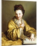 A Young Lady, Wearing a Yellow Robe, seated at a Table, Beckoning, 1703 by Jean Baptiste Santerre