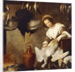 La Cuoca - A Kitchen Maid Plucking a Goose in an Interior by Bernardo Strozzi