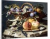 Peaches and Plums in a Wicker Basket, Peaches on a Silver Dish and Narcissi on Stone Plinths by Christian Berentz